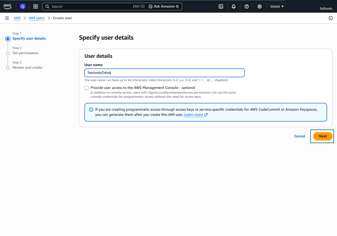 Specify the IAM user name in the AWS create user wizard
